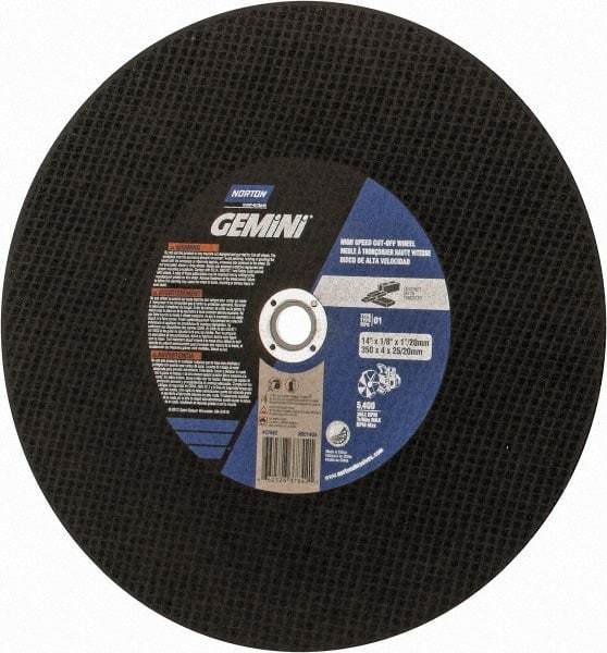 Norton - 14" Aluminum Oxide Cutoff Wheel - 1/8" Thick, 1" Arbor, Use with Die Grinders - A1 Tooling