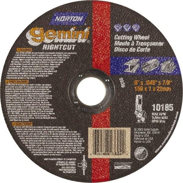 Norton - 6" Aluminum Oxide Cutoff Wheel - 0.045" Thick, 7/8" Arbor, Use with Die Grinders - A1 Tooling