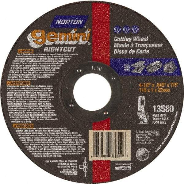 Norton - 4-1/2" Aluminum Oxide Cutoff Wheel - 0.045" Thick, 7/8" Arbor, Use with Die Grinders - A1 Tooling