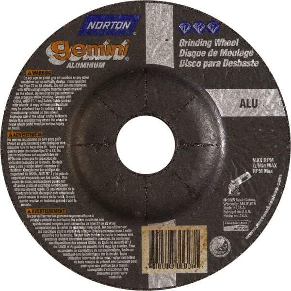 Norton - 24 Grit, 5" Wheel Diam, 1/4" Wheel Thickness, 7/8" Arbor Hole, Type 27 Depressed Center Wheel - Aluminum Oxide - A1 Tooling