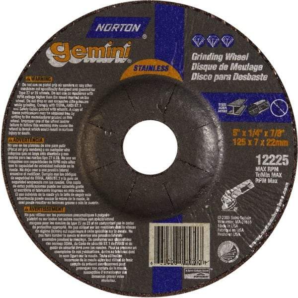 Norton - 24 Grit, 5" Wheel Diam, 1/4" Wheel Thickness, 7/8" Arbor Hole, Type 27 Depressed Center Wheel - Aluminum Oxide - A1 Tooling