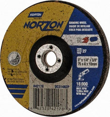 Norton - 24 Grit, 3" Wheel Diam, 1/4" Wheel Thickness, 3/8" Arbor Hole, Type 27 Depressed Center Wheel - Ceramic, 18,000 Max RPM - A1 Tooling