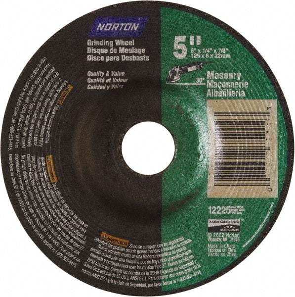 Norton - 24 Grit, 5" Wheel Diam, 1/4" Wheel Thickness, 7/8" Arbor Hole, Type 27 Depressed Center Wheel - Aluminum Oxide, 12,225 Max RPM - A1 Tooling