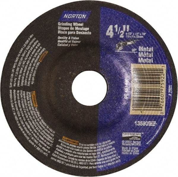 Norton - 24 Grit, 4-1/2" Wheel Diam, 1/4" Wheel Thickness, 7/8" Arbor Hole, Type 27 Depressed Center Wheel - Aluminum Oxide - A1 Tooling