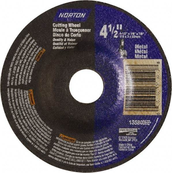 Norton - 24 Grit, 4-1/2" Wheel Diam, 1/8" Wheel Thickness, 7/8" Arbor Hole, Type 27 Depressed Center Wheel - Aluminum Oxide - A1 Tooling