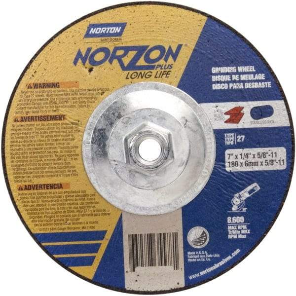 Norton - 24 Grit, 5" Wheel Diam, 1/4" Wheel Thickness, Type 27 Depressed Center Wheel - Ceramic - A1 Tooling