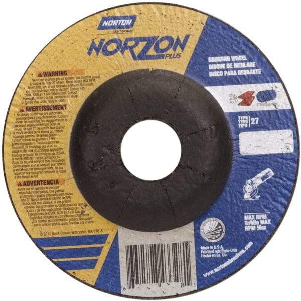 Norton - 24 Grit, 5" Wheel Diam, 1/4" Wheel Thickness, 7/8" Arbor Hole, Type 27 Depressed Center Wheel - Ceramic, 12,225 Max RPM - A1 Tooling