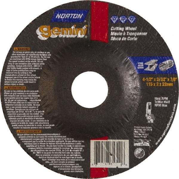 Norton - 46 Grit, 4-1/2" Wheel Diam, 3/32" Wheel Thickness, 7/8" Arbor Hole, Type 27 Depressed Center Wheel - Aluminum Oxide - A1 Tooling