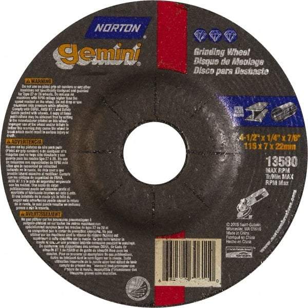 Norton - 6" Wheel Diam, 1/4" Wheel Thickness, 7/8" Arbor Hole, Type 27 Depressed Center Wheel - Aluminum Oxide, 10,185 Max RPM, Compatible with Angle Grinder - A1 Tooling