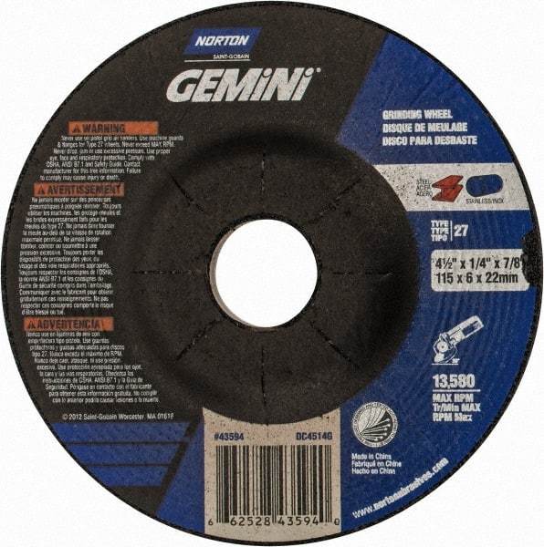 Norton - 24 Grit, 4-1/2" Wheel Diam, 1/4" Wheel Thickness, 7/8" Arbor Hole, Type 27 Depressed Center Wheel - Aluminum Oxide, 13,580 Max RPM - A1 Tooling