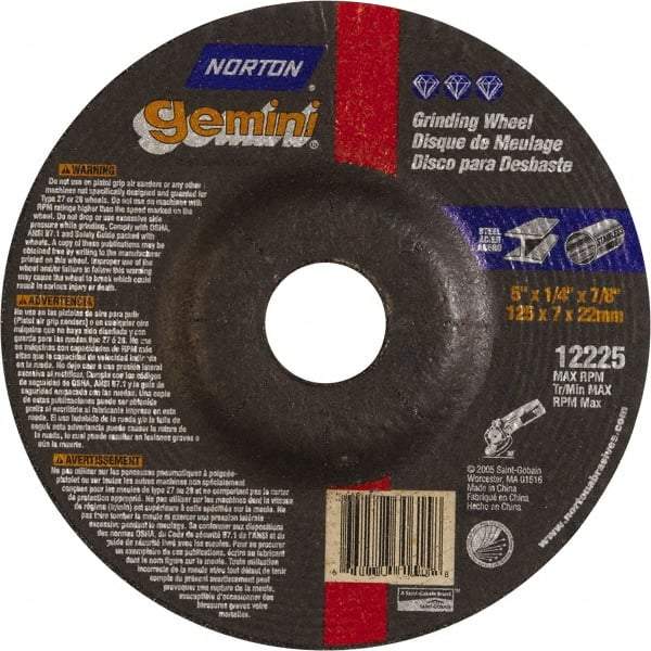 Norton - 24 Grit, 5" Wheel Diam, 1/4" Wheel Thickness, 7/8" Arbor Hole, Type 27 Depressed Center Wheel - Aluminum Oxide, 12,225 Max RPM - A1 Tooling