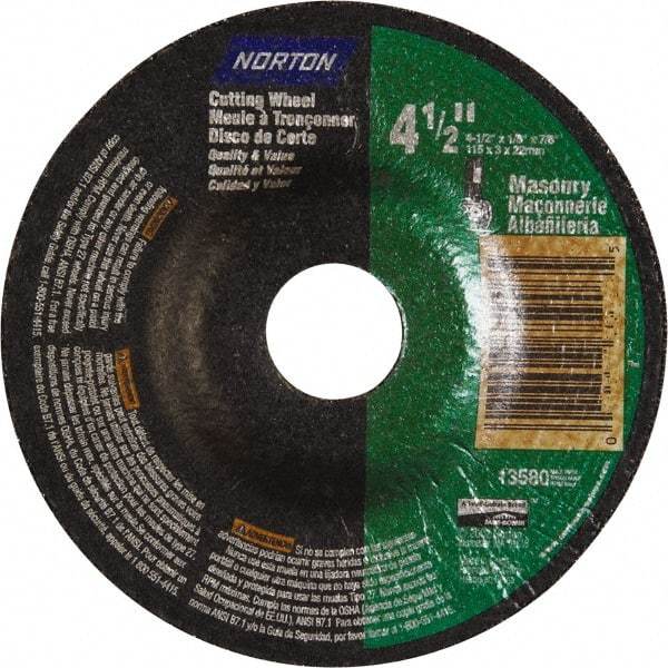 Norton - 24 Grit, 4-1/2" Wheel Diam, 1/8" Wheel Thickness, 7/8" Arbor Hole, Type 27 Depressed Center Wheel - Silicon Carbide, 15,280 Max RPM - A1 Tooling