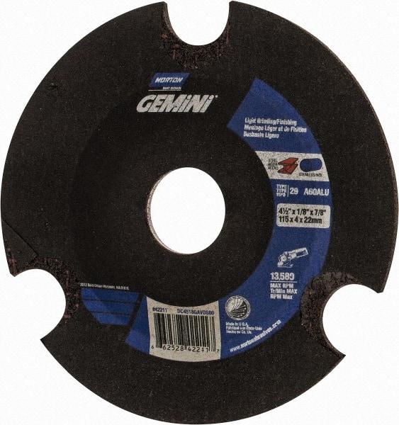 Norton - 60 Grit, 4-1/2" Wheel Diam, 1/8" Wheel Thickness, 7/8" Arbor Hole, Type 29 Depressed Center Wheel - Aluminum Oxide - A1 Tooling