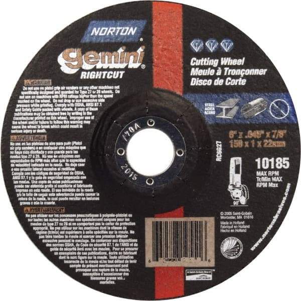 Norton - 46 Grit, 6" Wheel Diam, 7/8" Arbor Hole, Type 27 Depressed Center Wheel - Aluminum Oxide - A1 Tooling