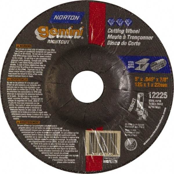 Norton - 46 Grit, 5" Wheel Diam, 7/8" Arbor Hole, Type 27 Depressed Center Wheel - Aluminum Oxide - A1 Tooling