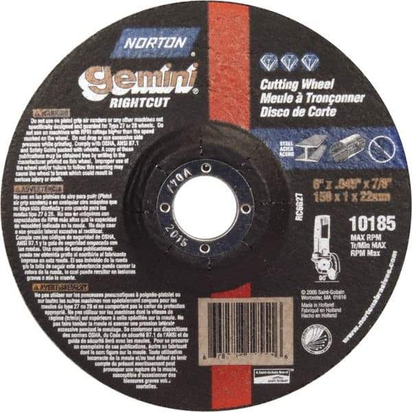 Norton - 46 Grit, 6" Wheel Diam, 7/8" Arbor Hole, Type 27 Depressed Center Wheel - Aluminum Oxide - A1 Tooling