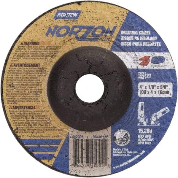 Norton - 24 Grit, 4" Wheel Diam, 1/8" Wheel Thickness, 5/8" Arbor Hole, Type 27 Depressed Center Wheel - Ceramic, 15,280 Max RPM - A1 Tooling