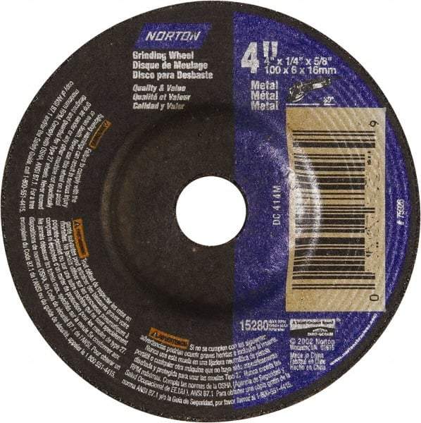 Norton - 24 Grit, 4" Wheel Diam, 1/4" Wheel Thickness, 5/8" Arbor Hole, Type 27 Depressed Center Wheel - Aluminum Oxide - A1 Tooling