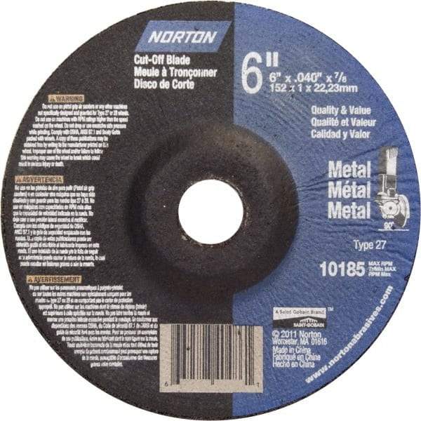 Norton - 46 Grit, 6" Wheel Diam, 7/8" Arbor Hole, Type 27 Depressed Center Wheel - Aluminum Oxide - A1 Tooling