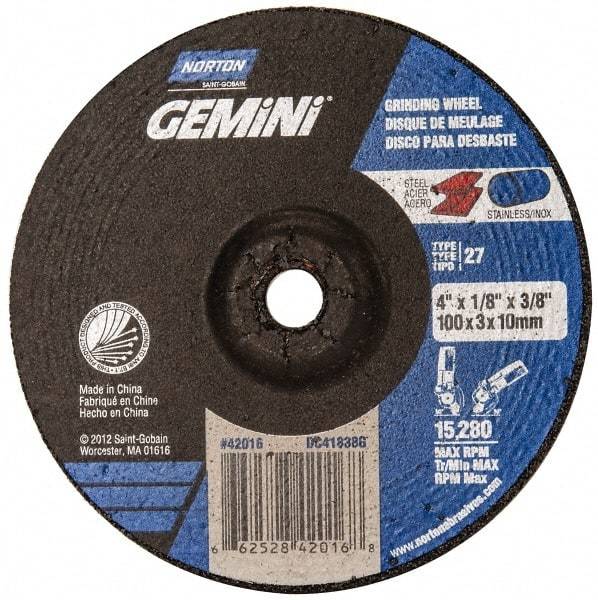 Norton - 24 Grit, 4" Wheel Diam, 1/8" Wheel Thickness, 3/8" Arbor Hole, Type 27 Depressed Center Wheel - Aluminum Oxide, 15,280 Max RPM - A1 Tooling