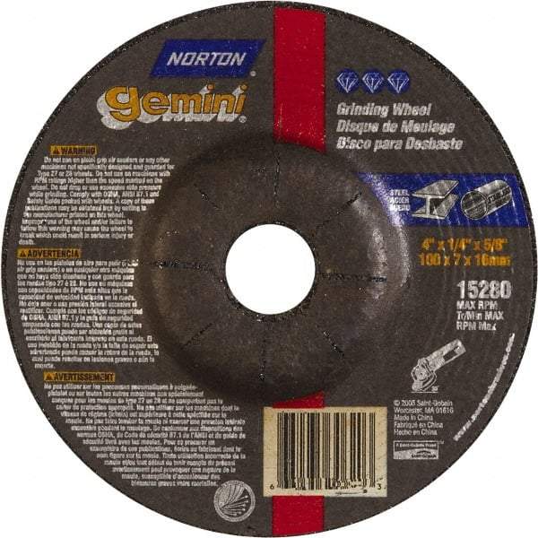 Norton - 24 Grit, 4" Wheel Diam, 1/4" Wheel Thickness, 5/8" Arbor Hole, Type 27 Depressed Center Wheel - Aluminum Oxide, 15,280 Max RPM - A1 Tooling