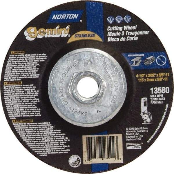 Norton - 36 Grit, 4-1/2" Wheel Diam, 3/32" Wheel Thickness, Type 27 Depressed Center Wheel - Aluminum Oxide - A1 Tooling