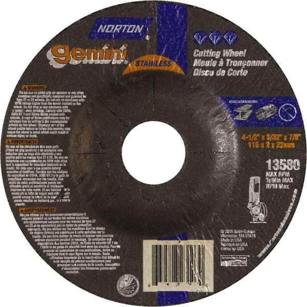 Norton - 36 Grit, 4-1/2" Wheel Diam, 3/32" Wheel Thickness, 7/8" Arbor Hole, Type 27 Depressed Center Wheel - Aluminum Oxide - A1 Tooling