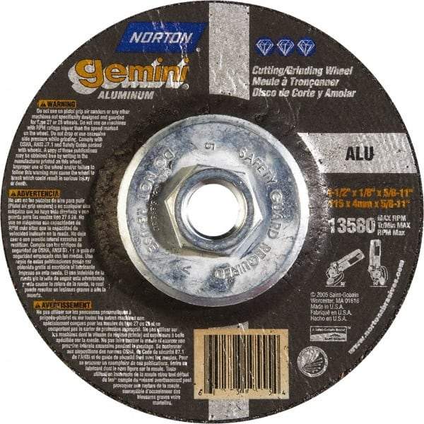 Norton - 24 Grit, 4-1/2" Wheel Diam, 1/8" Wheel Thickness, Type 27 Depressed Center Wheel - Aluminum Oxide, 13,580 Max RPM - A1 Tooling