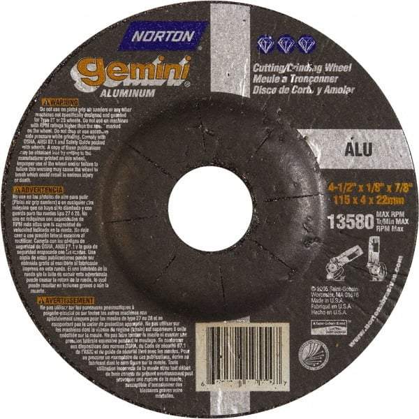 Norton - 24 Grit, 4-1/2" Wheel Diam, 1/8" Wheel Thickness, 7/8" Arbor Hole, Type 27 Depressed Center Wheel - Aluminum Oxide, 13,580 Max RPM - A1 Tooling