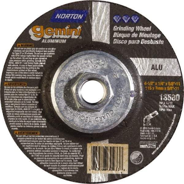 Norton - 24 Grit, 4-1/2" Wheel Diam, 1/4" Wheel Thickness, Type 27 Depressed Center Wheel - Aluminum Oxide, 13,580 Max RPM - A1 Tooling