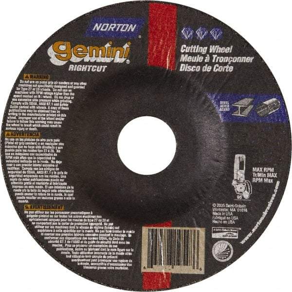 Norton - 46 Grit, 5" Wheel Diam, 7/8" Arbor Hole, Type 27 Depressed Center Wheel - Aluminum Oxide, 12,225 Max RPM - A1 Tooling