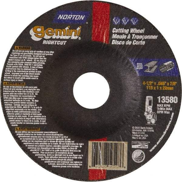 Norton - 46 Grit, 4-1/2" Wheel Diam, 7/8" Arbor Hole, Type 27 Depressed Center Wheel - Aluminum Oxide - A1 Tooling