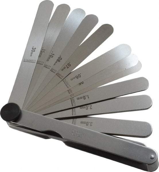 Starrett - 13 Piece, 0.04 to 5mm Parallel Feeler Gage Set - 4-1/2" Long x 1/2" Wide, Tempered Steel - A1 Tooling