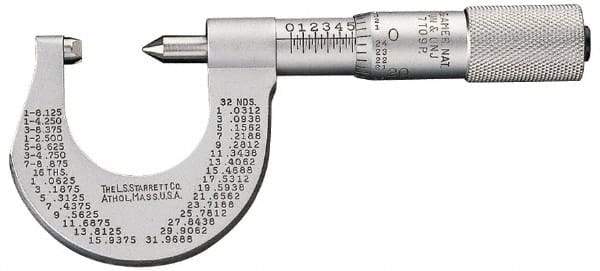 Starrett - 0 to 25mm Range, Mechanical Screw Thread Micrometer - Plain Thimble, 0.01mm Graduation, 0.0002" Accuracy - A1 Tooling