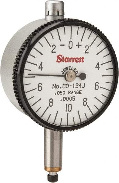 Starrett - 0.05" Range, 0-10-0 Dial Reading, 0.0005" Graduation Dial Drop Indicator - 1-1/4" Dial, 0.02" Range per Revolution - A1 Tooling