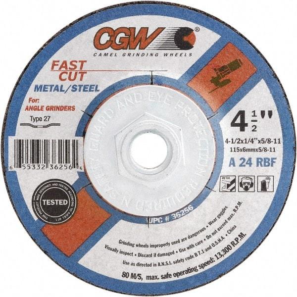 Camel Grinding Wheels - 24 Grit, 6" Wheel Diam, 1/4" Wheel Thickness, Type 27 Depressed Center Wheel - Coarse Grade, Aluminum Oxide, Resinoid Bond, 10,200 Max RPM - A1 Tooling