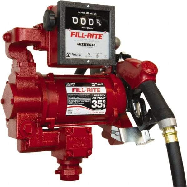 Tuthill - 35 GPM, 1" Hose Diam, Gasoline, Kerosene & Diesel Fuel AC High Flow Tank Pump with Auto Nozzle & 901 Meter - Cast Iron Pump, 1-1/4" Inlet, 1" Outlet, 115/230 Volts, 18' Hose Length, 3/4 hp - A1 Tooling