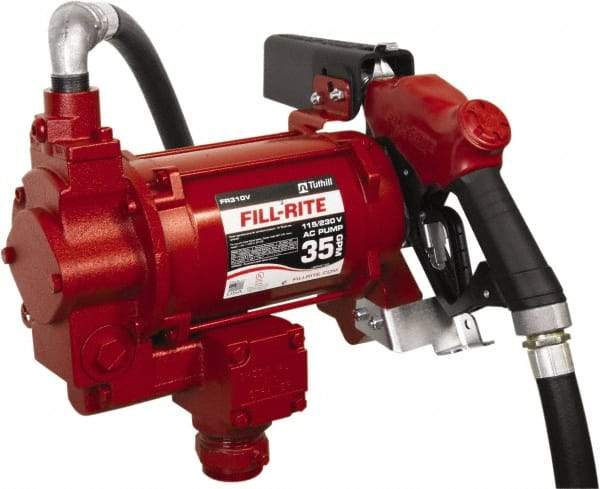 Tuthill - 35 GPM, 1" Hose Diam, Gasoline, Kerosene & Diesel Fuel AC High Flow Tank Pump with Auto Nozzle - Cast Iron Pump, 1-1/4" Inlet, 1" Outlet, 115/230 Volts, 18' Hose Length, 3/4 hp - A1 Tooling