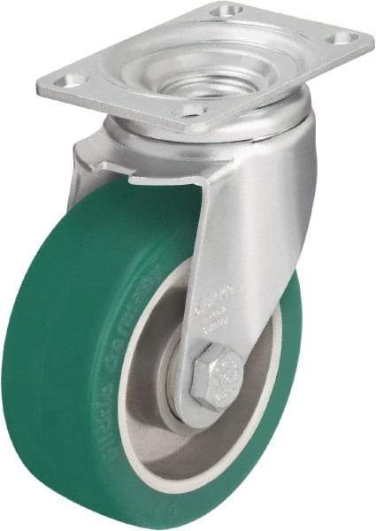 Blickle - 4" Diam x 1-9/16" Wide x 5-1/8" OAH Top Plate Mount Swivel Caster - Polyurethane-Elastomer Blickle Softhane, 400 Lb Capacity, Ball Bearing, 3-5/8 x 2-1/2" Plate - A1 Tooling