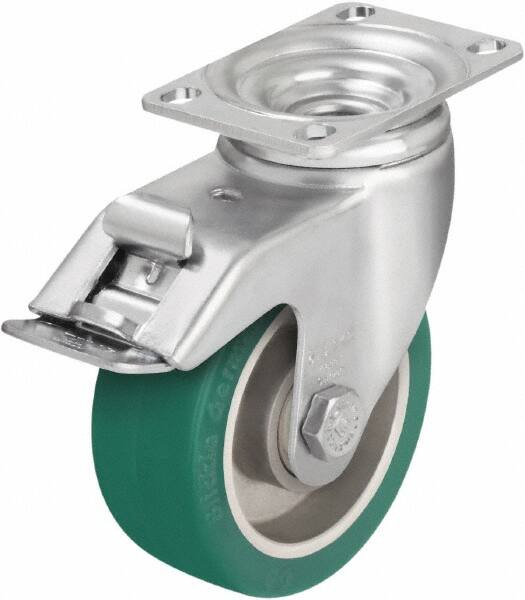 Blickle - 4" Diam x 1-9/16" Wide x 5-1/8" OAH Top Plate Mount Swivel Caster with Brake - Polyurethane-Elastomer Blickle Softhane, 400 Lb Capacity, Ball Bearing, 3-5/8 x 2-1/2" Plate - A1 Tooling