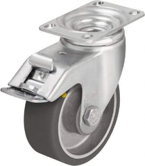 Blickle - 5" Diam x 1-9/16" Wide x 6-1/8" OAH Top Plate Mount Swivel Caster with Brake - Polyurethane-Elastomer Blickle Softhane, 400 Lb Capacity, Ball Bearing, 3-5/8 x 2-1/2" Plate - A1 Tooling