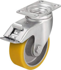 Blickle - 4" Diam x 1-9/16" Wide x 5-1/8" OAH Top Plate Mount Swivel Caster with Brake - Polyurethane-Elastomer Blickle Softhane, 400 Lb Capacity, Ball Bearing, 3-5/8 x 2-1/2" Plate - A1 Tooling