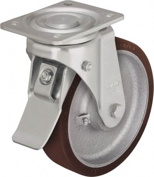 Blickle - 5" Diam x 1-31/32" Wide x 6-1/2" OAH Top Plate Mount Swivel Caster with Brake - Polyurethane-Elastomer Blickle Softhane, 1,100 Lb Capacity, Ball Bearing, 5-1/2 x 4-3/8" Plate - A1 Tooling