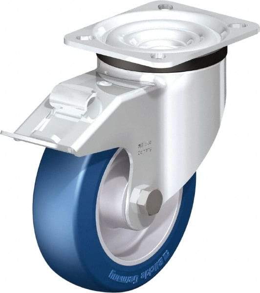 Blickle - 5" Diam x 1-37/64" Wide x 6-7/64" OAH Top Plate Mount Swivel Caster with Brake - Polyurethane-Elastomer Blickle Besthane, 770 Lb Capacity, Ball Bearing, 3-15/16 x 3-3/8" Plate - A1 Tooling