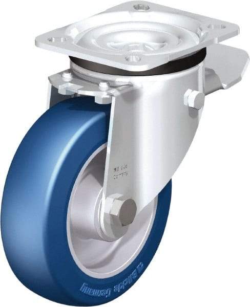 Blickle - 5" Diam x 1-37/64" Wide x 6-7/64" OAH Top Plate Mount Swivel Caster with Brake - Polyurethane-Elastomer Blickle Besthane, 770 Lb Capacity, Ball Bearing, 3-15/16 x 3-3/8" Plate - A1 Tooling