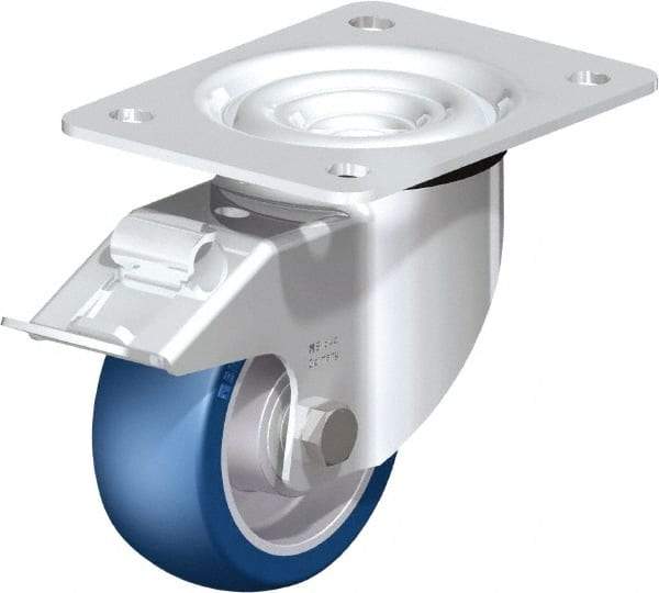 Blickle - 4" Diam x 1-37/64" Wide x 5-7/64" OAH Top Plate Mount Swivel Caster with Brake - Polyurethane-Elastomer Blickle Besthane, 660 Lb Capacity, Ball Bearing, 5-1/2 x 4-3/8" Plate - A1 Tooling