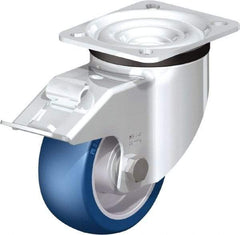 Blickle - 4" Diam x 1-37/64" Wide x 5-7/64" OAH Top Plate Mount Swivel Caster with Brake - Polyurethane-Elastomer Blickle Besthane, 660 Lb Capacity, Ball Bearing, 3-15/16 x 3-3/8" Plate - A1 Tooling