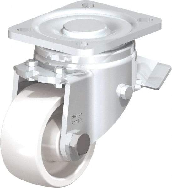 Blickle - 3" Diam x 1-29/64" Wide x 4-23/32" OAH Top Plate Mount Swivel Caster with Brake - Impact-Resistant Nylon, 770 Lb Capacity, Plain Bore Bearing, 3-15/16 x 3-3/8" Plate - A1 Tooling