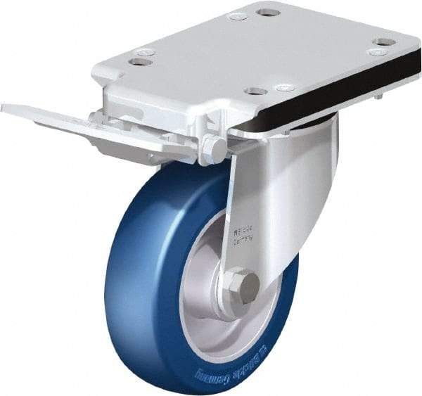 Blickle - 5" Diam x 1-37/64" Wide x 5-25/32" OAH Top Plate Mount Swivel Caster with Brake - Polyurethane-Elastomer Blickle Besthane, 770 Lb Capacity, Ball Bearing, 5-1/2 x 4-3/8" Plate - A1 Tooling