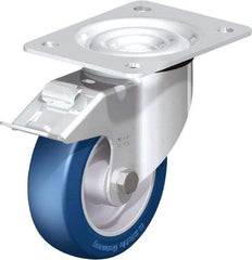 Blickle - 5" Diam x 1-37/64" Wide x 6-7/64" OAH Top Plate Mount Swivel Caster with Brake - Polyurethane-Elastomer Blickle Besthane, 770 Lb Capacity, Ball Bearing, 5-1/2 x 4-3/8" Plate - A1 Tooling